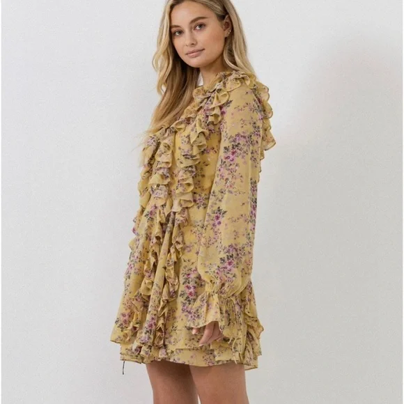 Endless Rose - Chiffon Floral Ruffled Dress Yellow / M